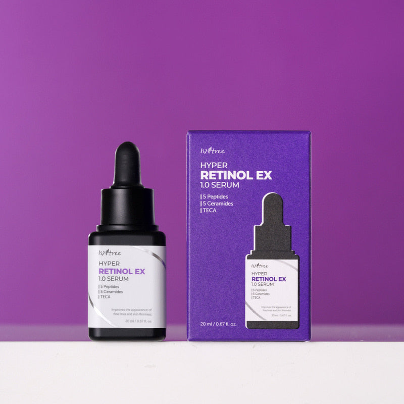 ISNTREE Hyper Retinol EX 1.0 Serum 20ml, flacon et boîte sur fond violet, éclairage studio, produit beauté coréen