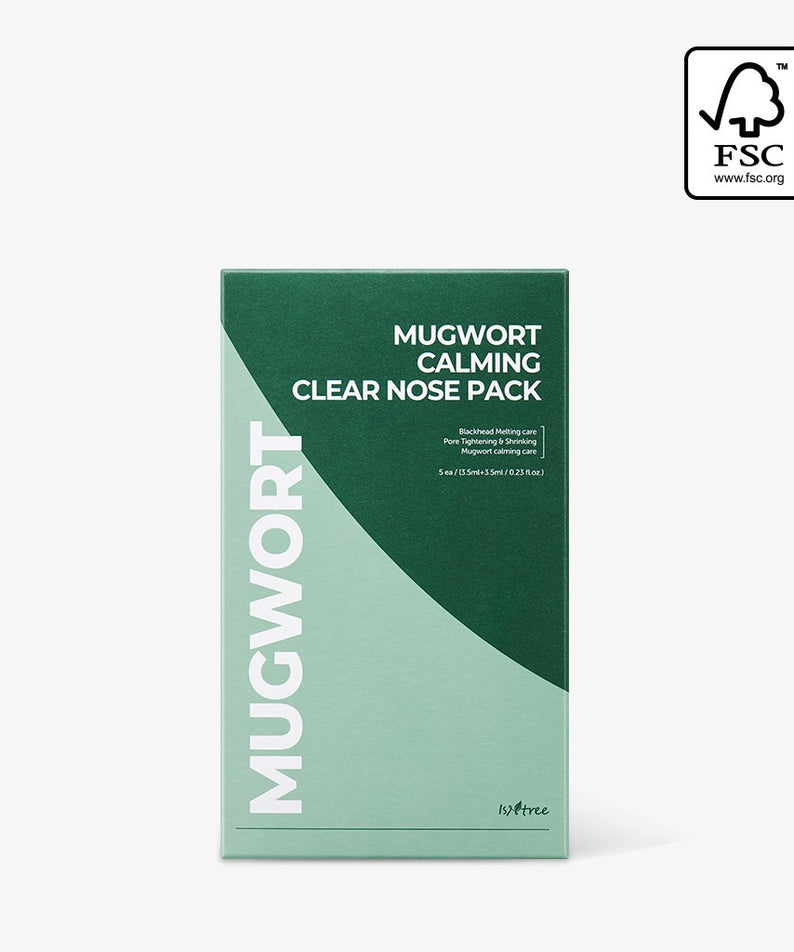 ISNTREE Mugwort Calming Clear Nose Pack_3.5+3.5g(5 sheets) : boîte verte, logo marque, produit skincare sur fond blanc.