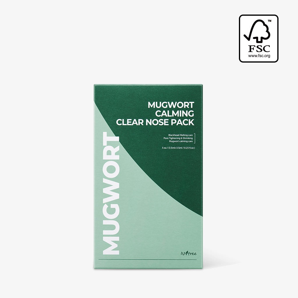 ISNTREE Mugwort Calming Clear Nose Pack_3.5+3.5g(5 sheets) : boîte verte, logo marque, produit skincare sur fond blanc.