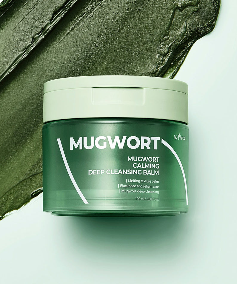 ISNTREE  Mugwort Calming Deep Cleansing Balm 100g, pot vert sur fond clair, texture verte façon baume nettoyant.