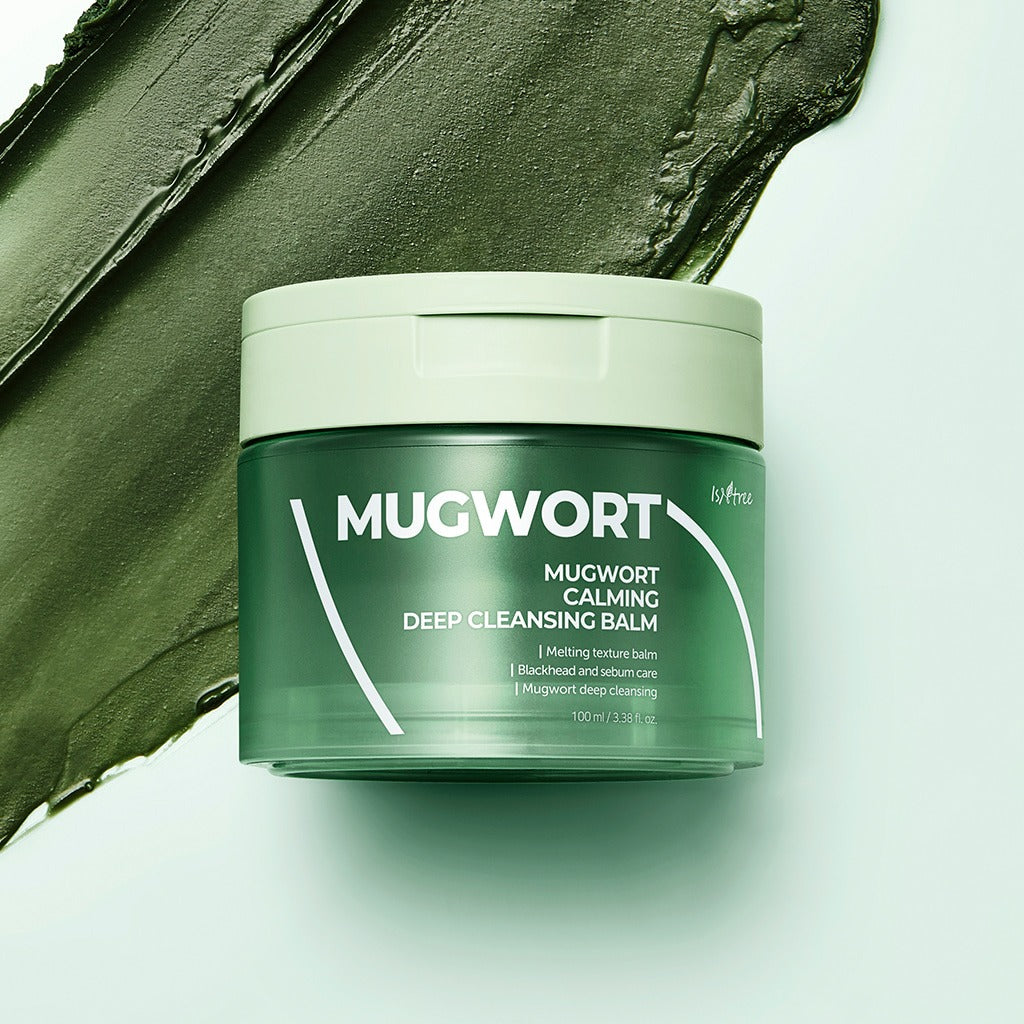 ISNTREE  Mugwort Calming Deep Cleansing Balm 100g, pot vert sur fond clair, texture verte façon baume nettoyant.