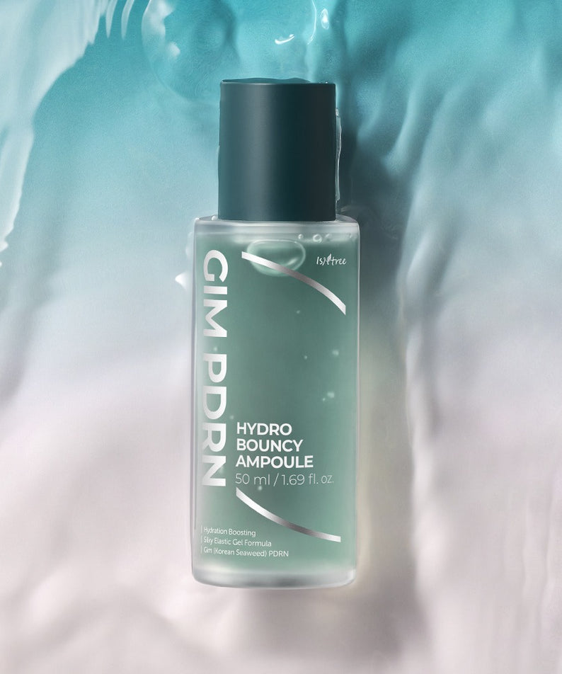 ISNTREE Gim PDRN Hydro Bouncy Ampoule 50ml produit cosmétique hydratant sur fond aquatique