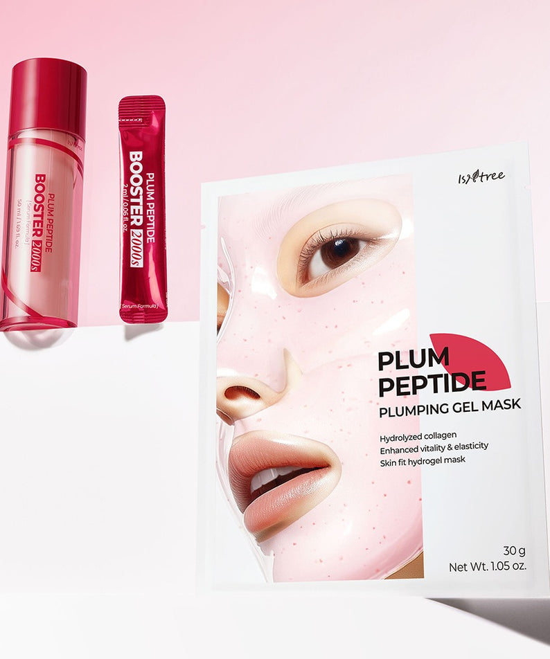 Masque ISNTREE Plum Peptide Plumping Gel 30g x 4 sheets présenté avec booster, rehausseur de collagène hydraté pour vitalité de la peau.