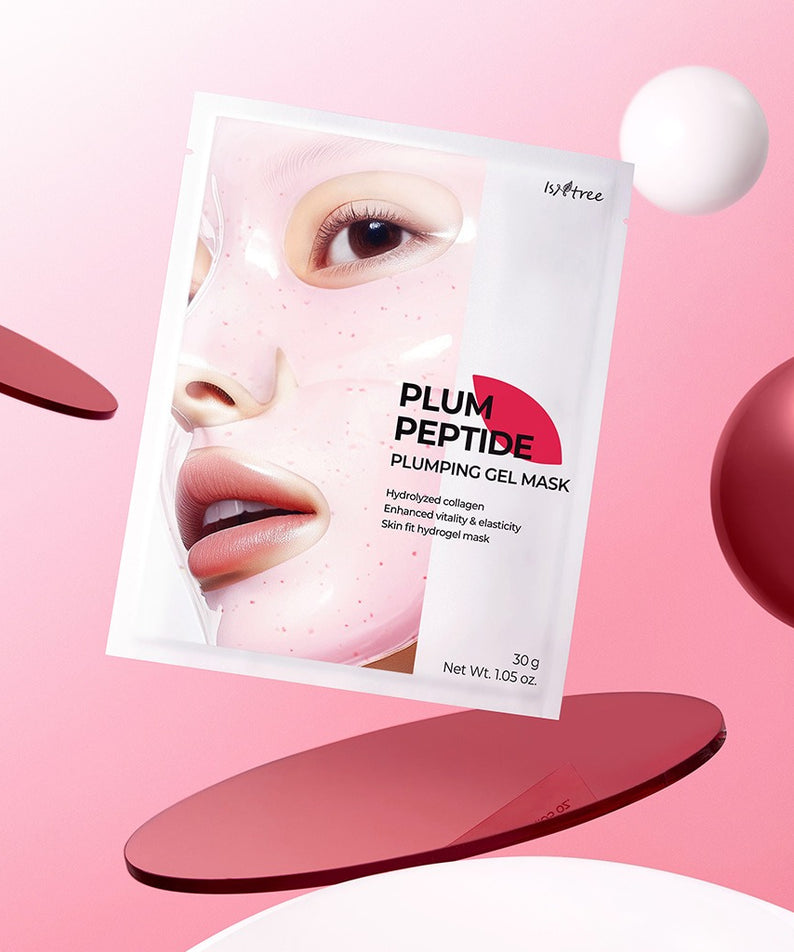 Masque gel ISNTREE Plum Peptide Plumping 30g, 4 feuilles, hydratation intense et raffermissement pour une peau éclatante.