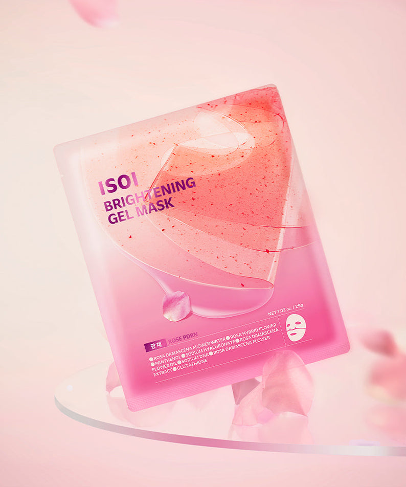IS0I Brightening Gel Mask 29g 1 sheet, 5 pieces : masque gel IS0I sur fond rose, packaging en gros plan.