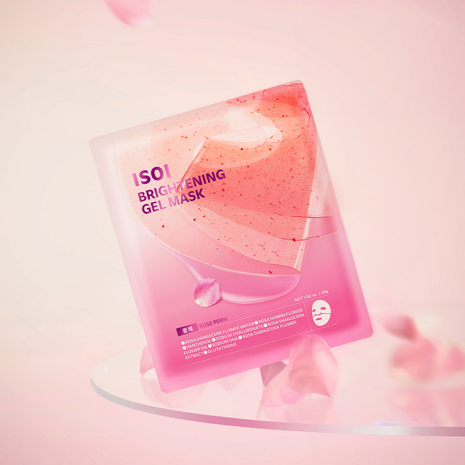 IS0I Brightening Gel Mask 29g 1 sheet, 5 pieces : masque gel IS0I sur fond rose, packaging en gros plan.