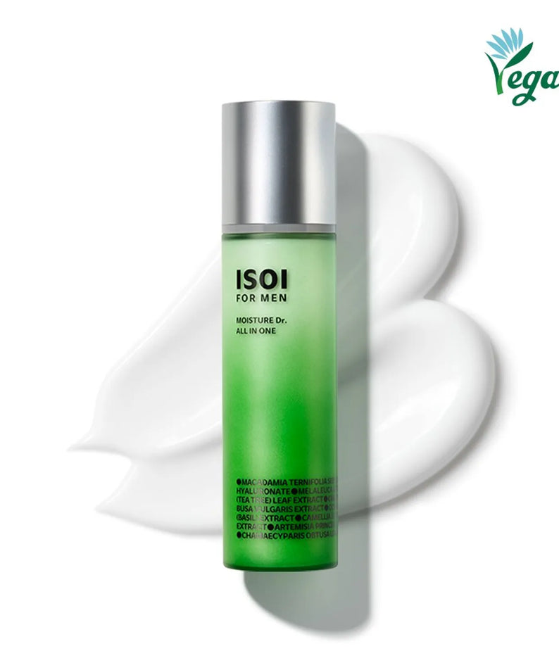 ISOI For Men Moisture Dr. All In One 100ml par ISOI, flacon vert sur fond blanc avec trace de crème, visuel produit.