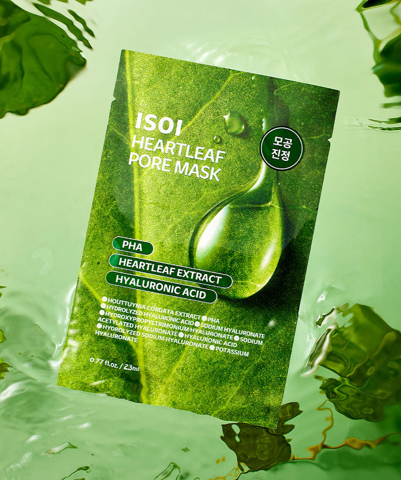ISOI Houttuynia Cordata Pore Mask 23ml 1 Sheet de la marque ISOI, masque feuille vert sur fond vert feuillages