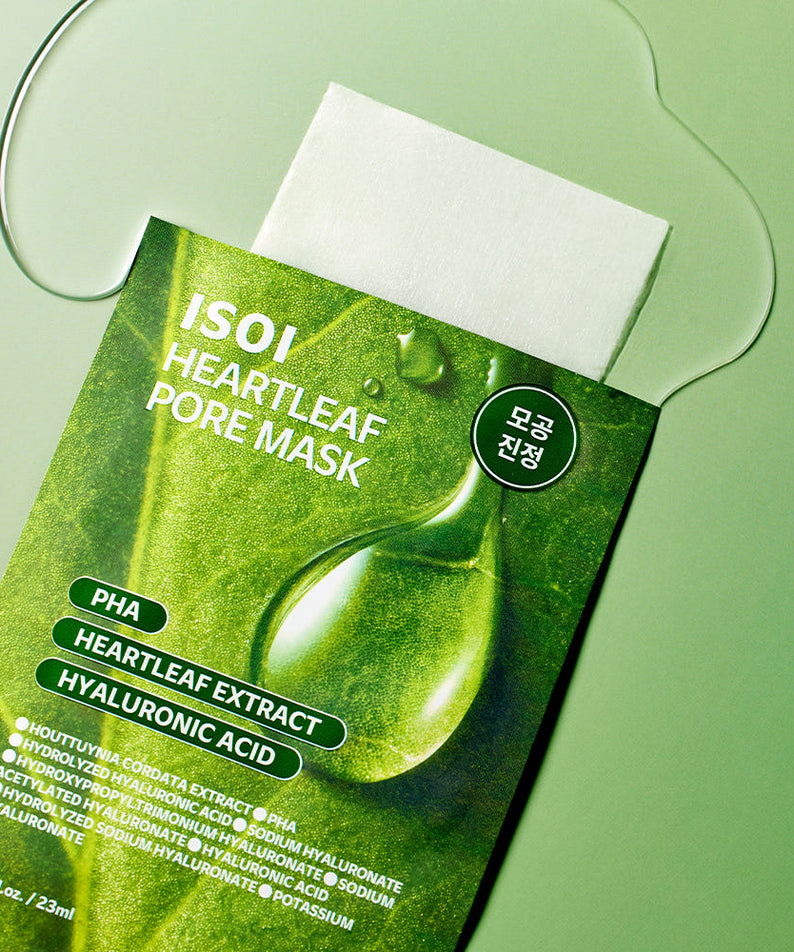 ISOI Houttuynia Cordata Pore Mask 23ml 1 Sheet : masque visage vert sur table, emballage ISOI, contexte soins beauté.