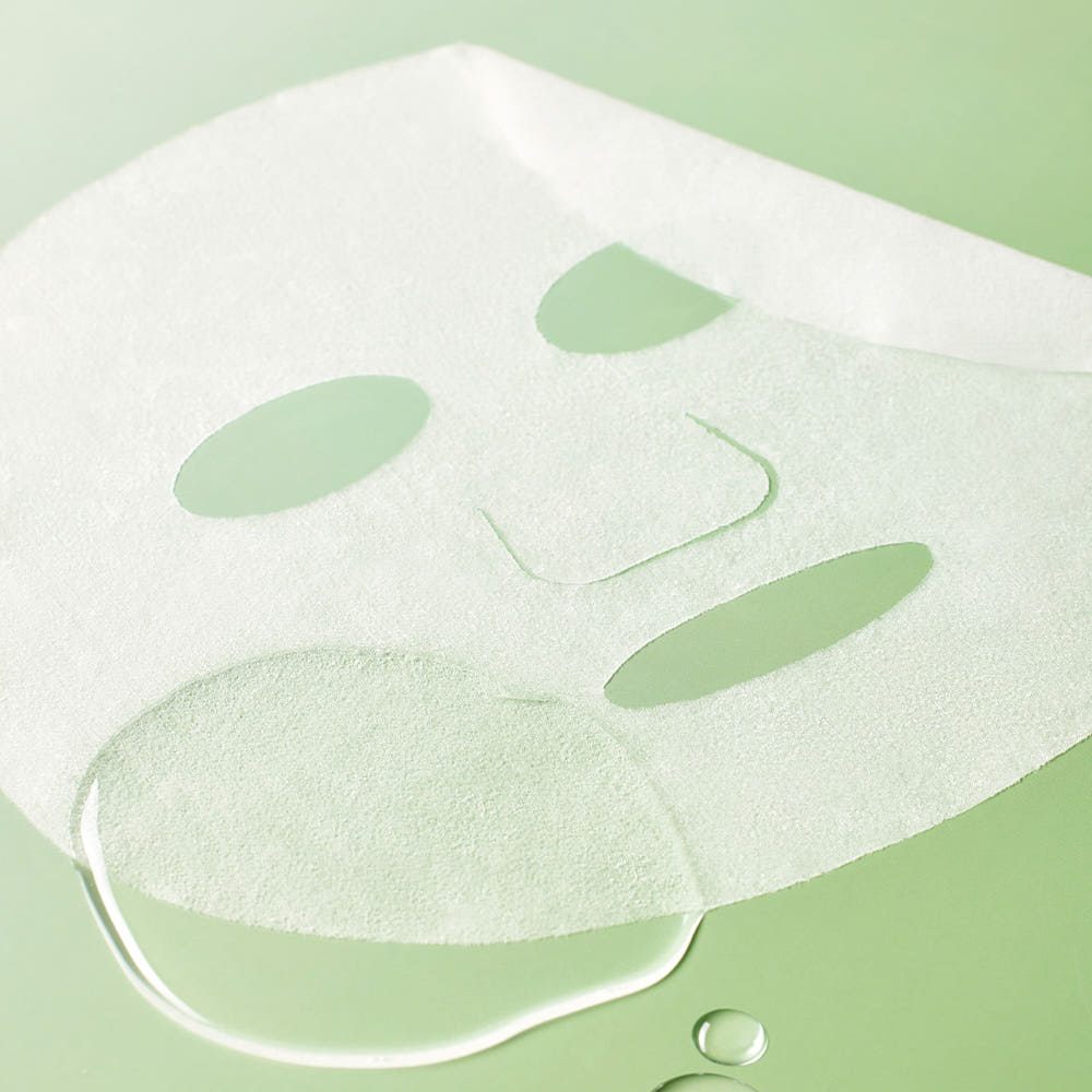 ISOI Houttuynia Cordata Pore Mask 23ml 1 Sheet, masque en feuille posé sur fond vert pastel, marque ISOI