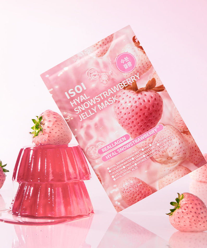 ISOI Hyal Strawberry Jelly Mask 23ml 1 Sheet sur fond rose, marque ISOI et fraises en contexte visuel.