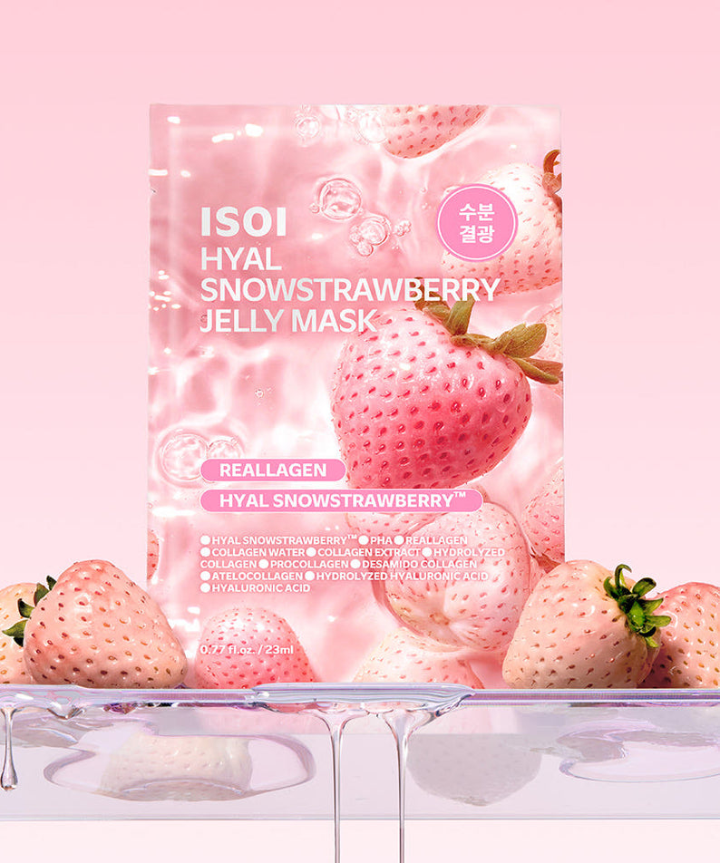 IS0I Hyal Strawberry Jelly Mask 23ml 1 Sheet de la marque ISOI, masque en tissu rose aux fraises, packaging sur fond clair.
