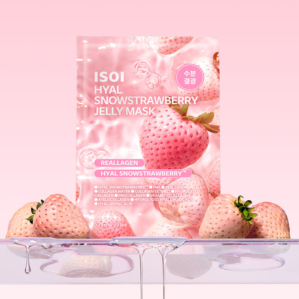 IS0I Hyal Strawberry Jelly Mask 23ml 1 Sheet de la marque ISOI, masque en tissu rose aux fraises, packaging sur fond clair.