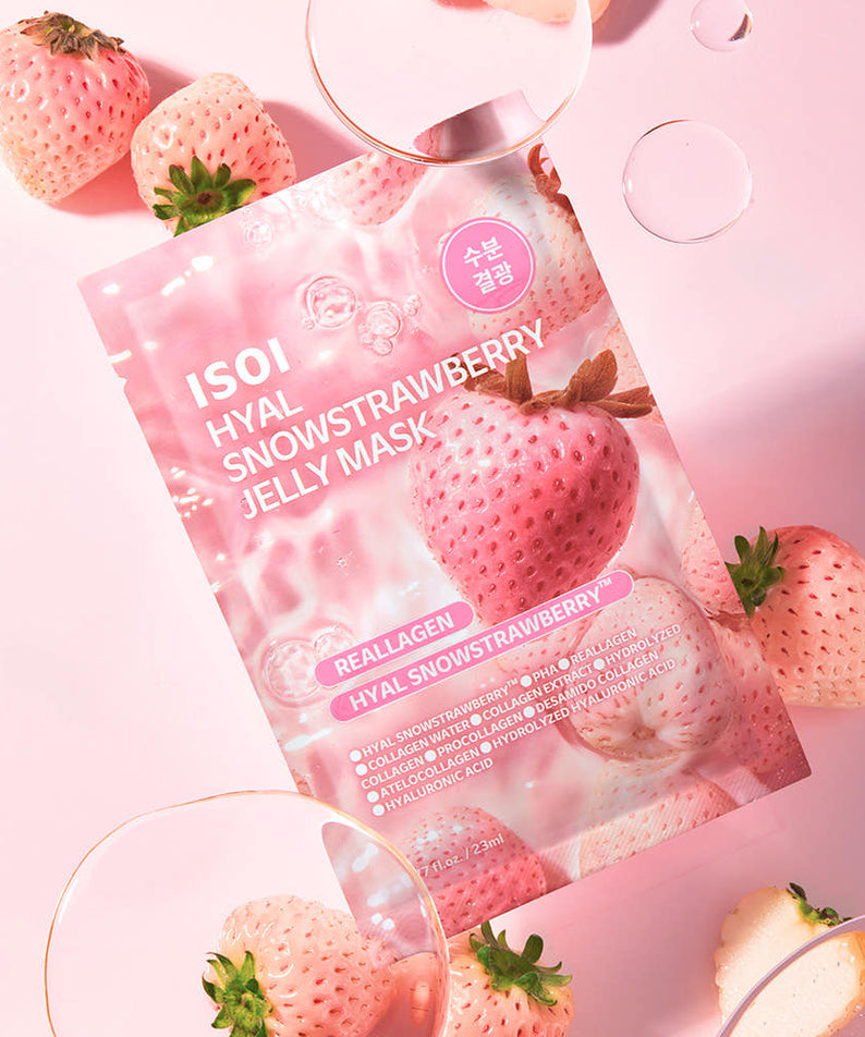 IS0I Hyal Strawberry Jelly Mask 23ml 1 Sheet de la marque ISOI, masque visage en feuille fraise sur fond rose.