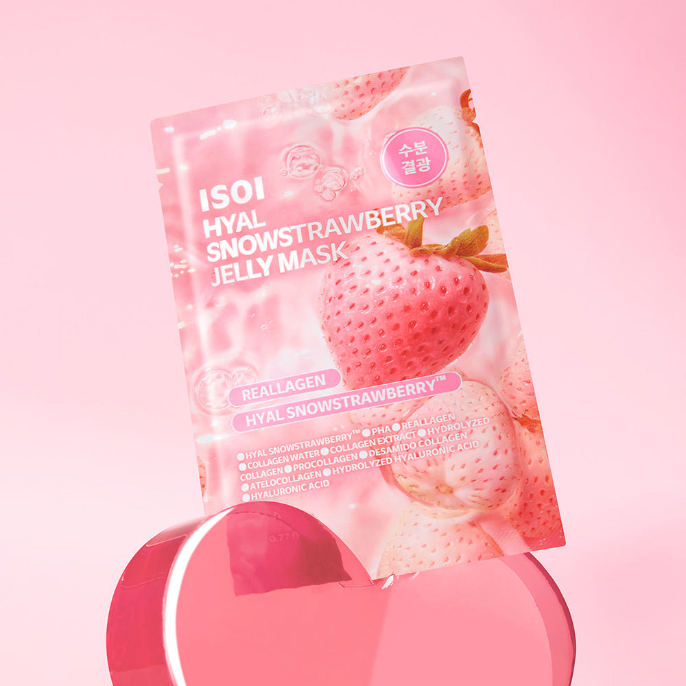 ISOI Hyal Strawberry Jelly Mask 23ml 1 Sheet, masque en feuille marque ISOI sur fond rose, paquet et boîtier.