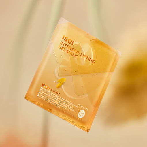 ISOI Intensive Lifting Gel Mask 29g 1 sheet, 5 pieces, masque gel ISOI en sachet doré sur fond beige, contexte beauté