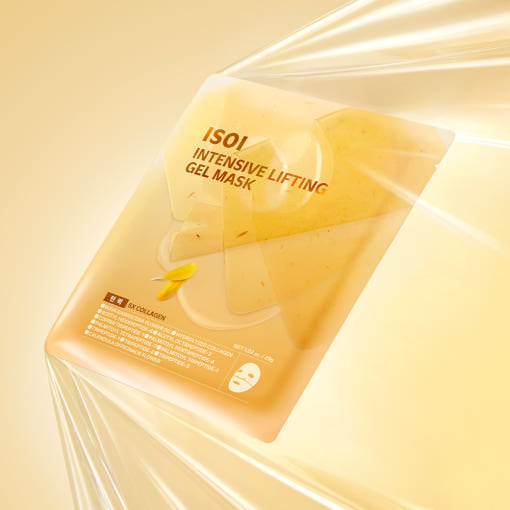IS0I Intensive Lifting Gel Mask 29g 1 sheet, 5 pieces : masque gel ISOI doré sur fond beige, éclats lumineux.