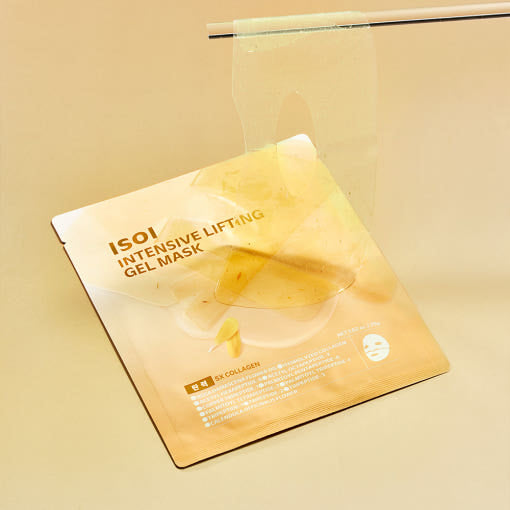 ISOI Intensive Lifting Gel Mask 29g 1 sheet, 5 pieces : masque gel lifting ISOI sur fond beige, en sachet plastique.