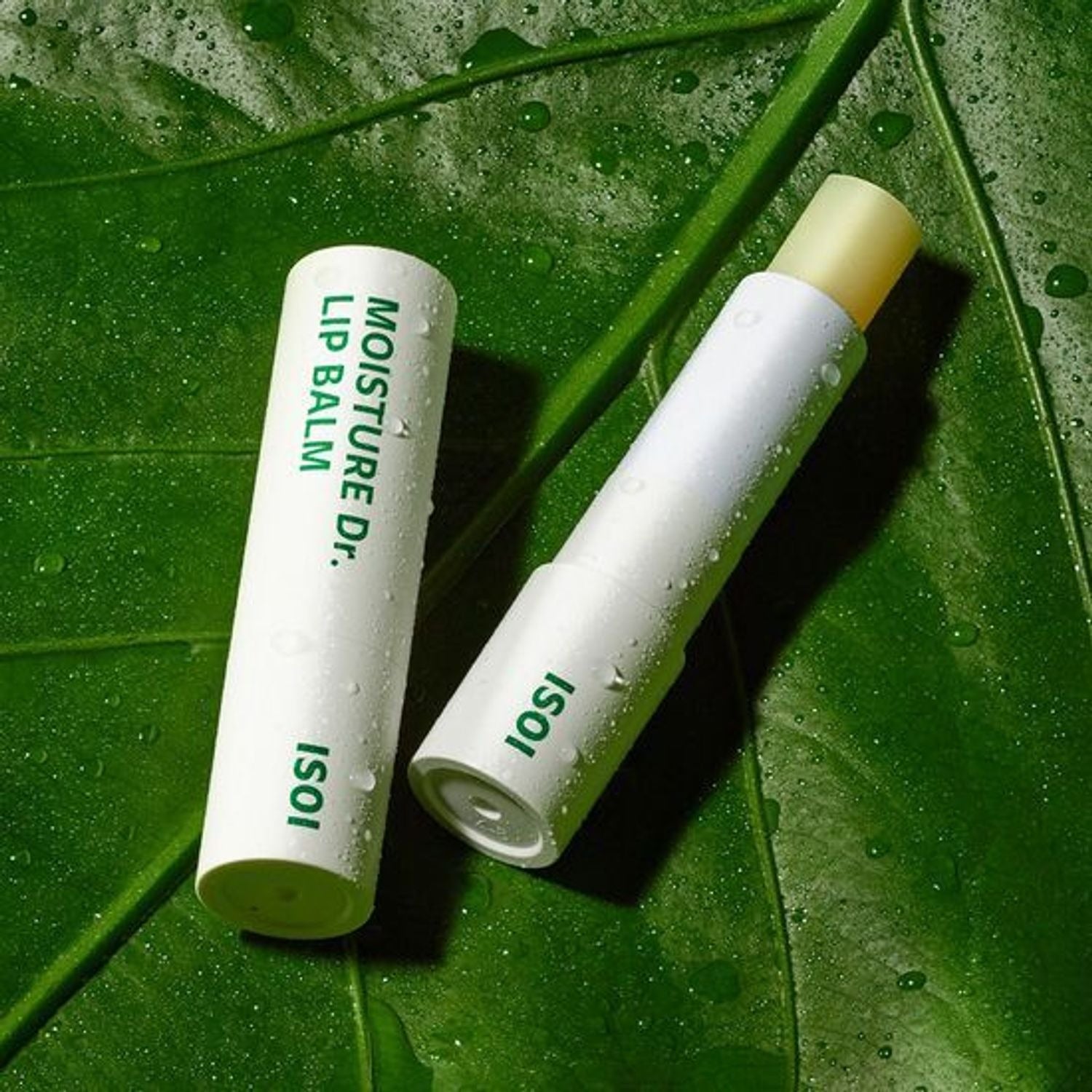 IS0I Moisture Dr. Lip Balm 3,9g ISOI, tube de baume à lèvres sur feuille verte humide, gouttes d’eau, fond naturel