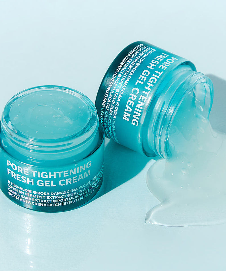 ISOI Pore Tightening Fresh Gel Cream 50ml : pot et flacon sur fond bleu, texture de gel crème fraîche, marque ISOI