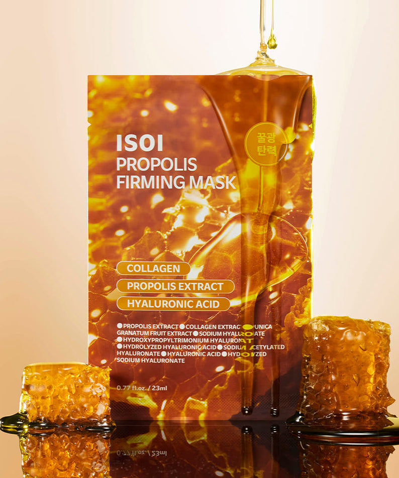 ISOI Propolis Firming Mask 23ml 1 Sheet : masque visage raffermissant à la propolis, marque ISOI, packaging doré en contexte visuel.