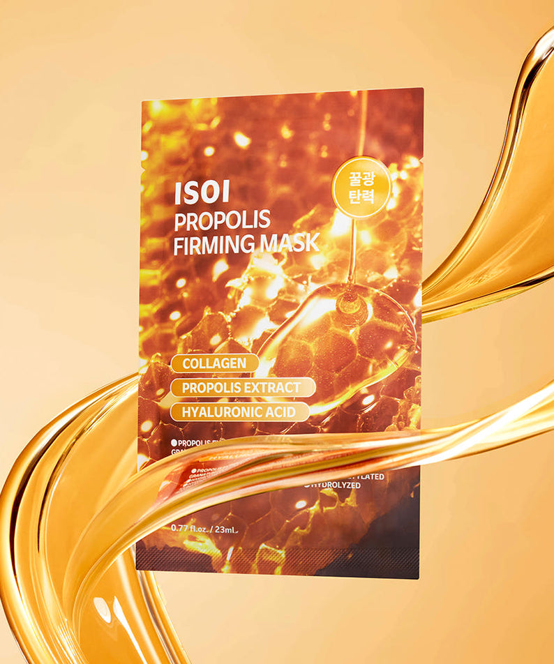 Décris l'image en français : ISOI Propolis Firming Mask 23ml 1 Sheet, masque en feuille, marque ISOI, décor miel doré.