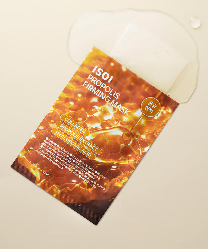 ISOI Propolis Firming Mask 23ml 1 Sheet : masque facial à la propolis ISOI sur fond clair, visuel emballage