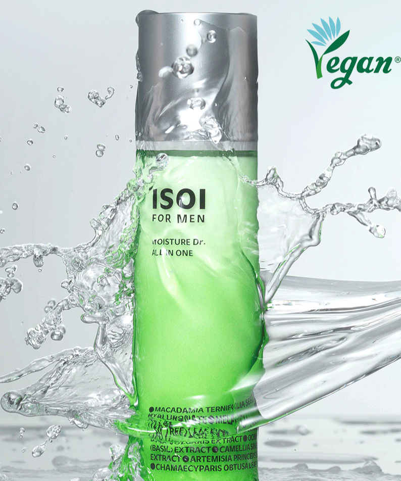 ISOI For Men Moisture Dr. All In One 100ml, soin hydratant vegan, éclaboussures d'eau, emballage vert élégant