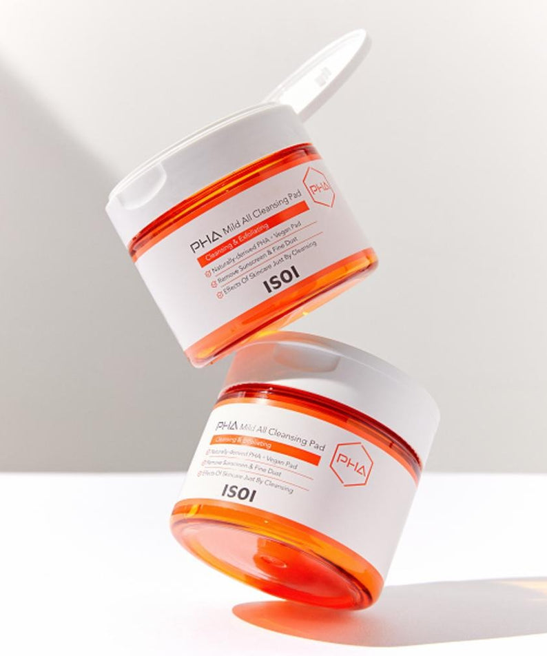 ISOI PHA Mild All Cleansing Pad 60 sheets - deux pots empilés en équilibre, soin doux pour la peau, nettoyage efficace avec PHA.