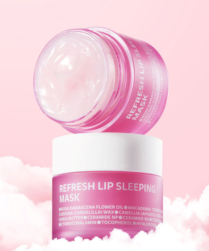 ISOI Refresh Lip Sleeping Mask 25g sur fond rose, produit cosmétique hydratant pour lèvres sèches, 25g.