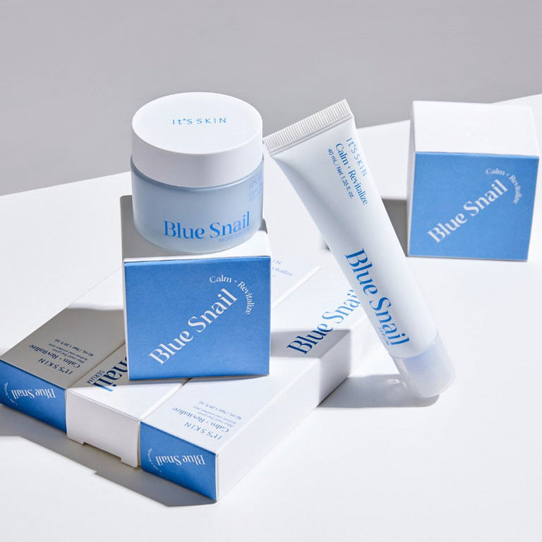 IT'S SKIN Blue Snail Serum 40ml, pot et tube sur fond blanc et gris, packaging bleu Blue Snail, marque IT'S SKIN