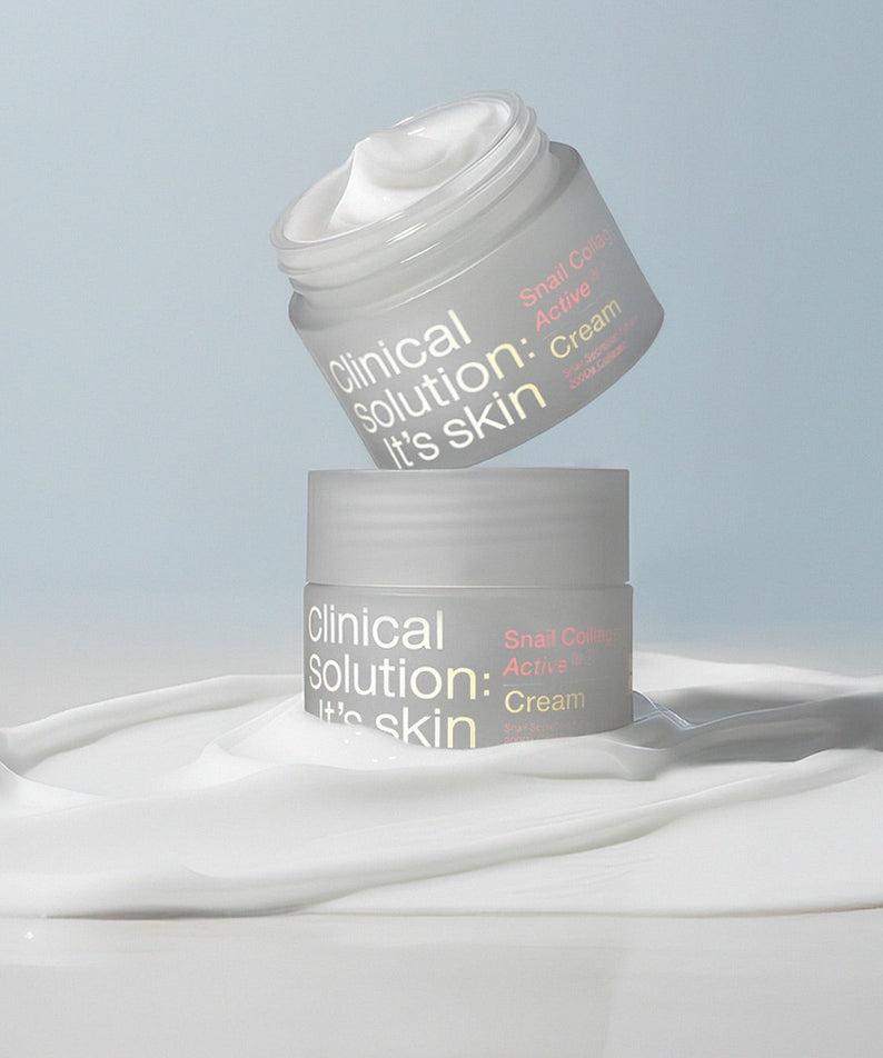 IT'S SKIN Snail Collagen Active Cream 50ml de la marque IT'S SKIN, crème en flacon sur fond bleu, présentation visuelle.