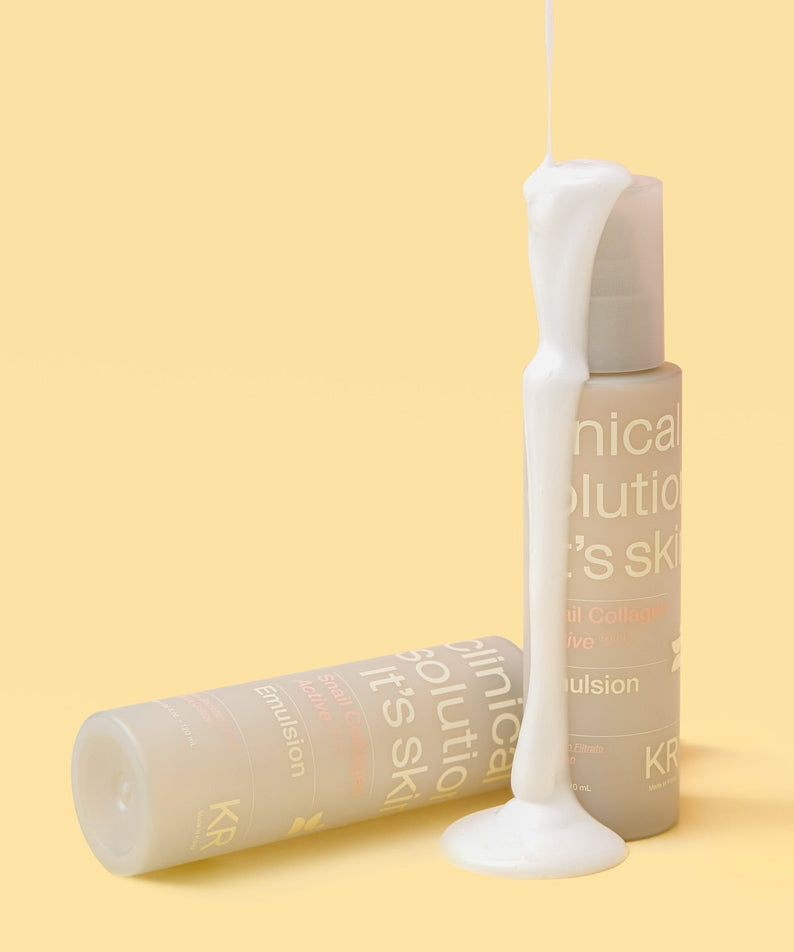 IT'S SKIN Snail Collagen Active Emulsion 120ml : flacon et produit crème sur fond jaune, marque et contexte visuel.