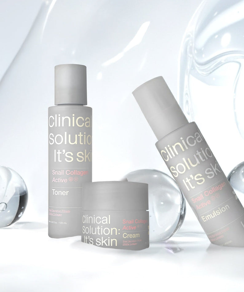 IT'S SKIN Snail Collagen Active Emulsion 120ml, marque It’s Skin, flacon au rendu cosmétique sur fond blanc et bulles