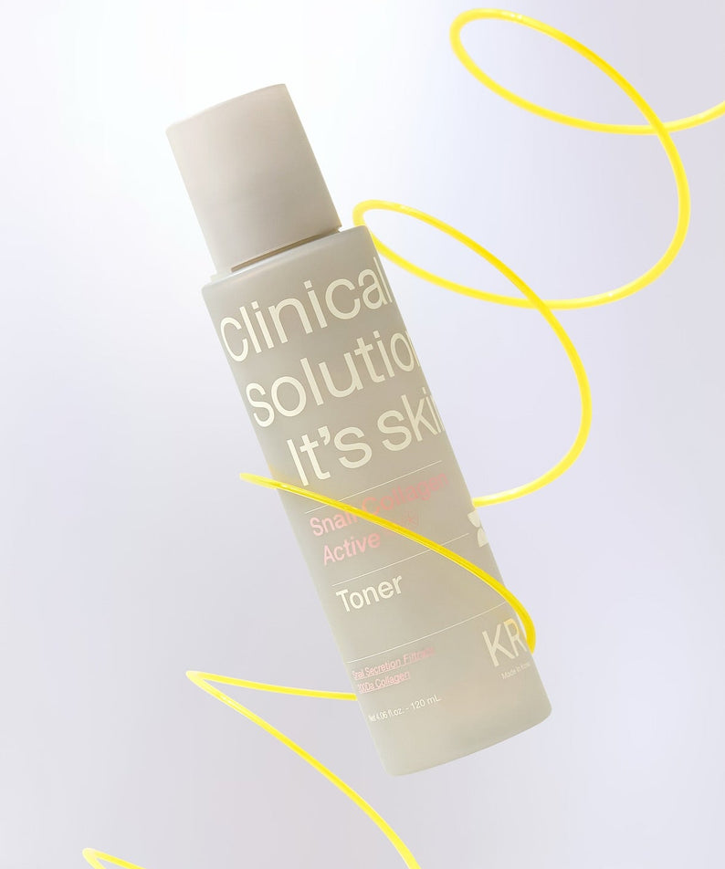 IT'S SKIN Snail Collagen Active Toner 120ml de la marque IT'S SKIN, flacon sur fond clair, décor abstrait jaune