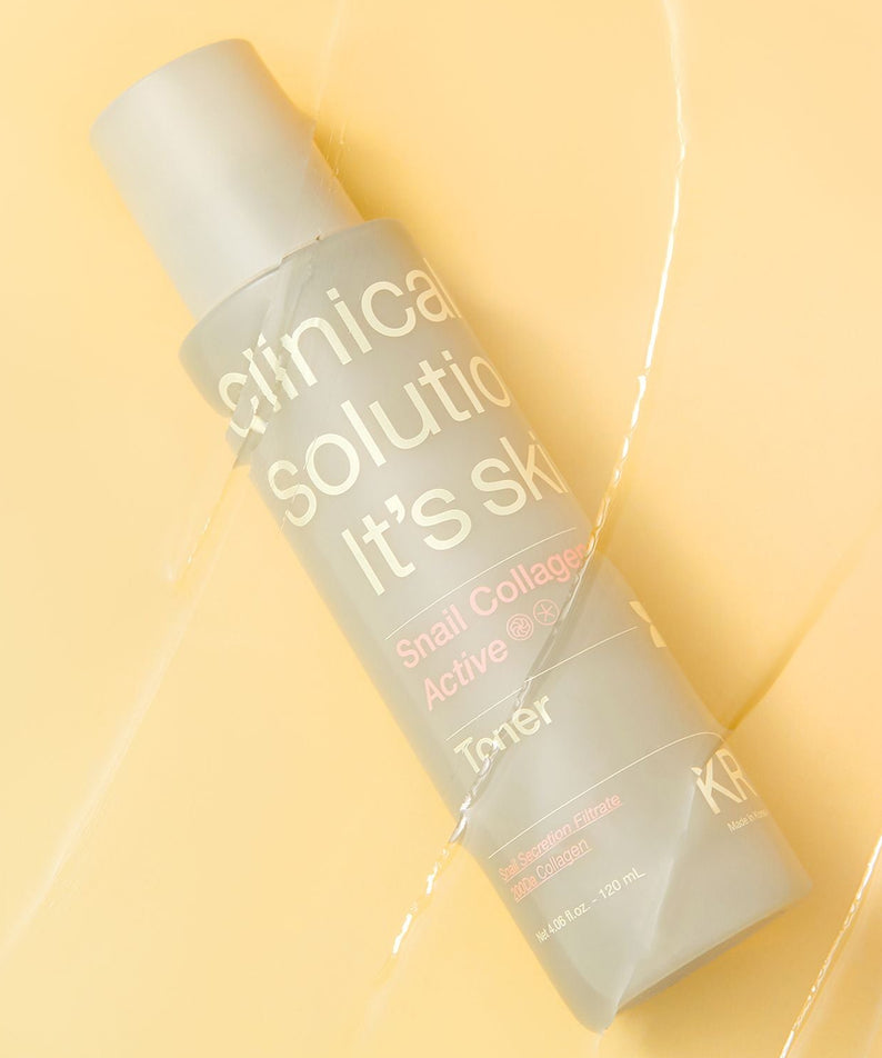IT'S SKIN Snail Collagen Active Toner 120ml de la marque IT'S SKIN, bouteille sur fond beige avec style lumineux
