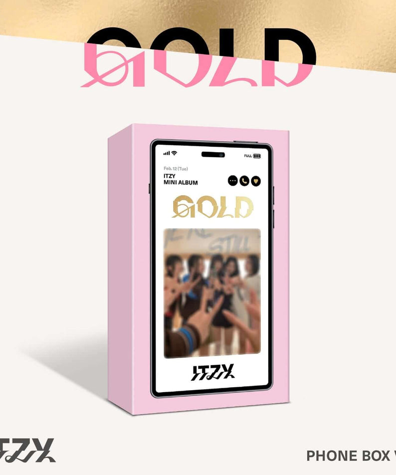 ITZY - [GOLD] (PHONE BOX VER.) - Album Kpop : coffret rose avec écran téléphone, visuel brand ITZY, décor studio.
