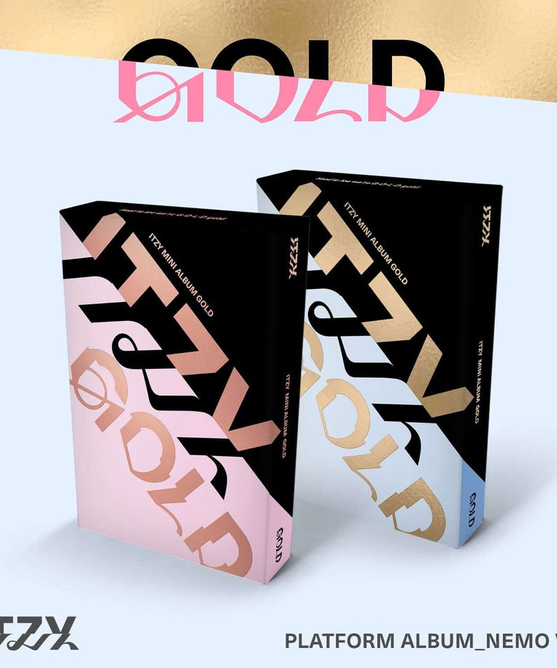 ITZY - [GOLD] (PLATFORM_NEMO VER.) (Random 1 of 2) - Album Kpop, coffrets noirs et roses sur fond bleu, marque ITZY