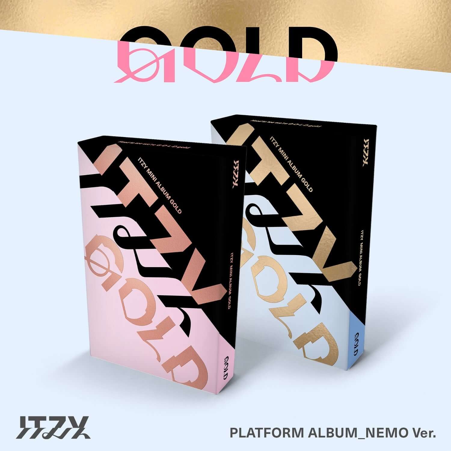 ITZY - [GOLD] (PLATFORM_NEMO VER.) (Random 1 of 2) - Album Kpop, coffrets noirs et roses sur fond bleu, marque ITZY