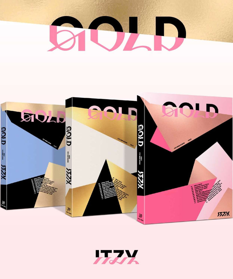 ITZY - [GOLD] (STANDARD VER.) (Random 1 of 3) - Album Kpop, pochettes dorées en fond rose, visuel produit officiel