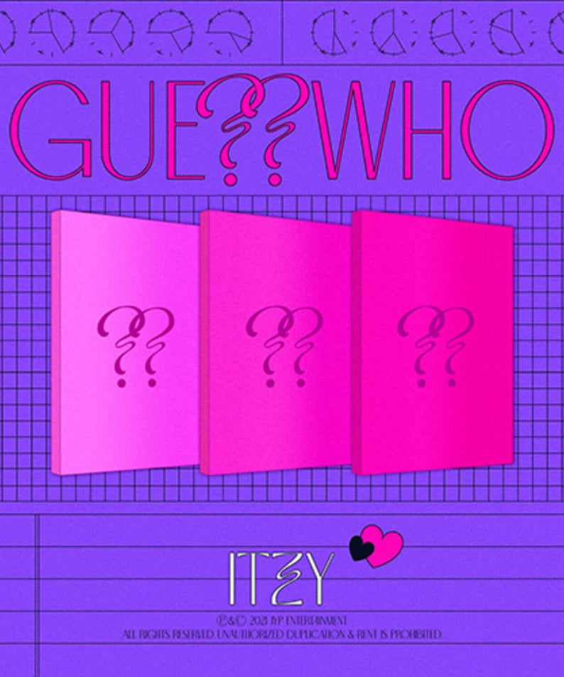 ITZY - [GUESS WHO] - Album Kpop : pochette rose violette avec cassettes et titre GUESS WHO, fond stylé graphique.