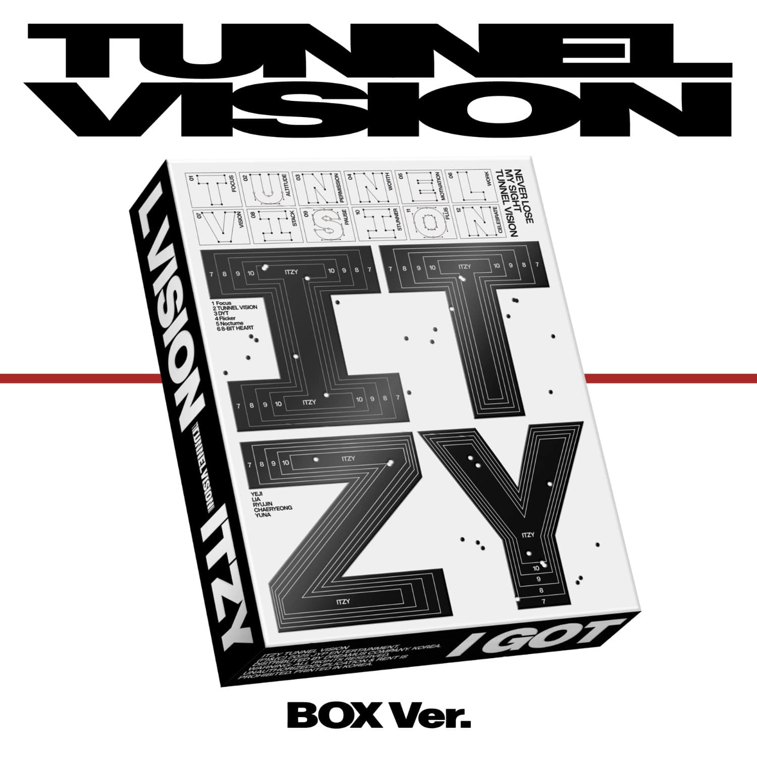 ITZY - [TUNNEL VISION] (Box Ver.) ( 1) - Album Kpop : box noir et blanc, visuel “TUNNEL VISION” en couverture.
