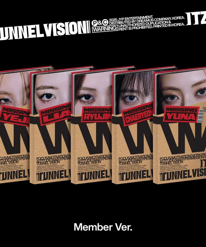 ITZY - [TUNNEL VISION] (Member Ver.) (Random 1 of 5) - Album Kpop, visuel box avec visages, fond noir.