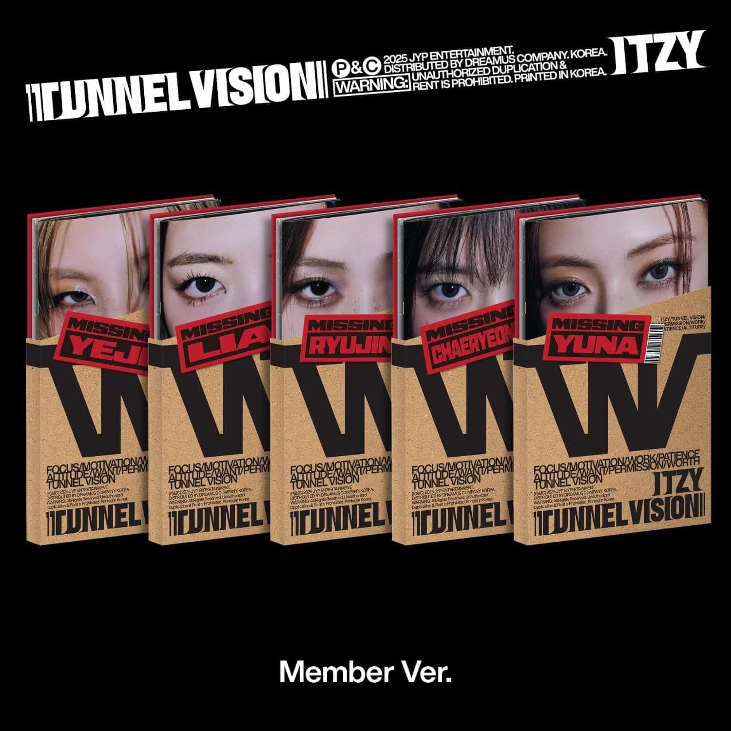ITZY - [TUNNEL VISION] (Member Ver.) (Random 1 of 5) - Album Kpop, visuel box avec visages, fond noir.