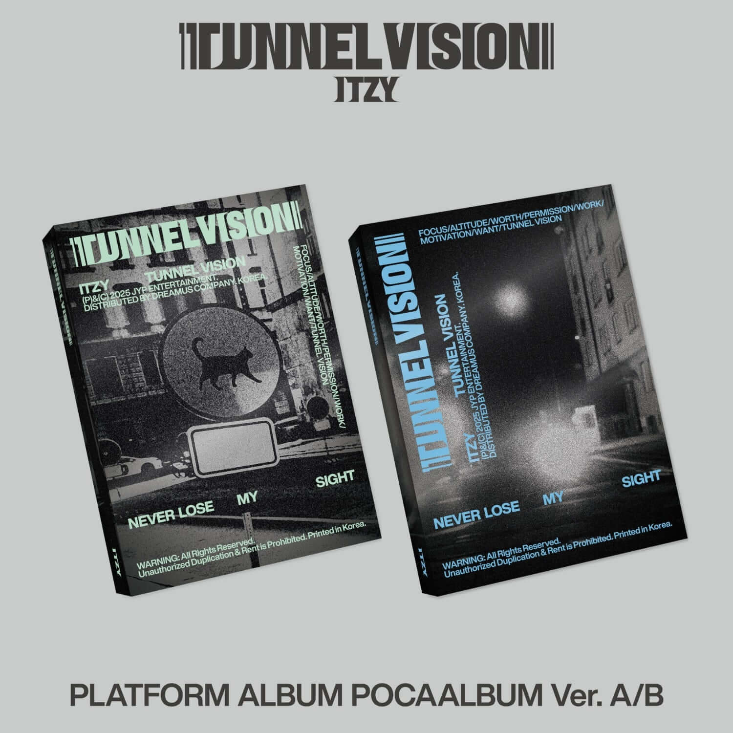 ITZY - [TUNNEL VISION] (POCAALBUM) (Random 1 of 2) - Album Kpop, visuel noir et bleu sur deux pochettes.