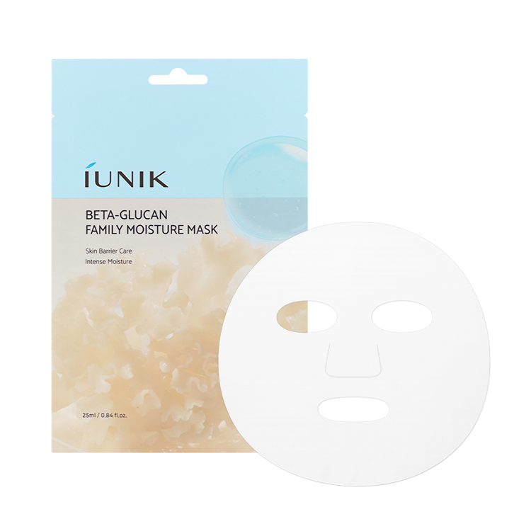 IUNIK Beta Glucan Family Moisture Mask (10 sheets) : pack et masque tissu, visuel bleu/beige, marque IUNIK sur fond blanc.