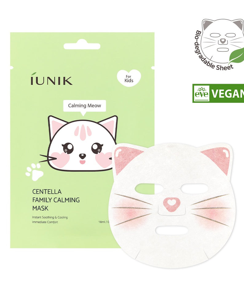 Décris l'image en français : IUNIK Centella Family Calming Mask for Kids (10 sheets), masque apaisant pour enfants, packaging vert
