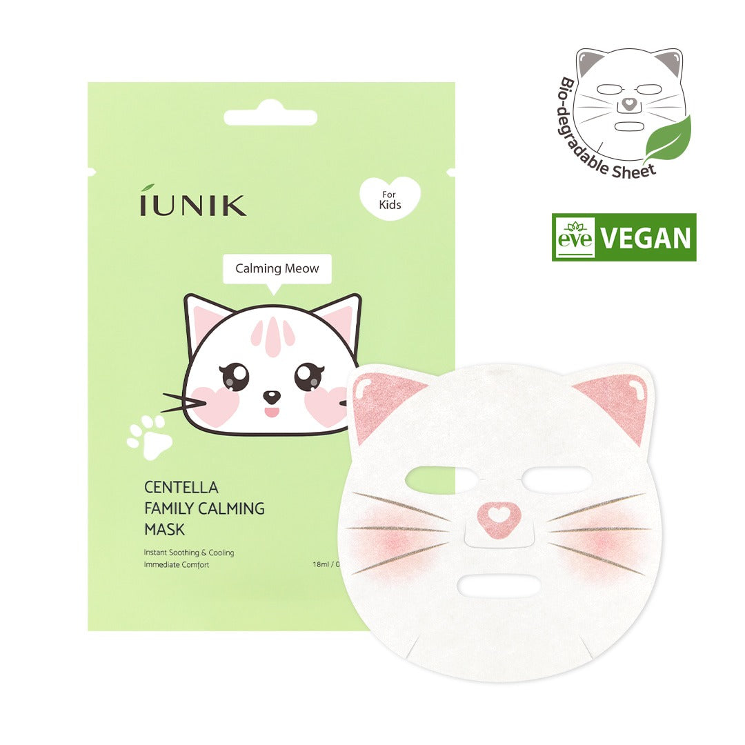 Décris l'image en français : IUNIK Centella Family Calming Mask for Kids (10 sheets), masque apaisant pour enfants, packaging vert