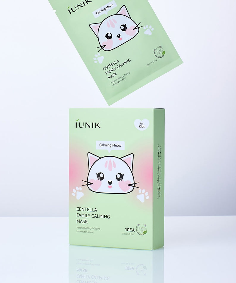 IUNIK Centella Family Calming Mask for Kids (10 sheets) : masques apaisants pour enfants, packaging vert avec chat, sur fond clair.