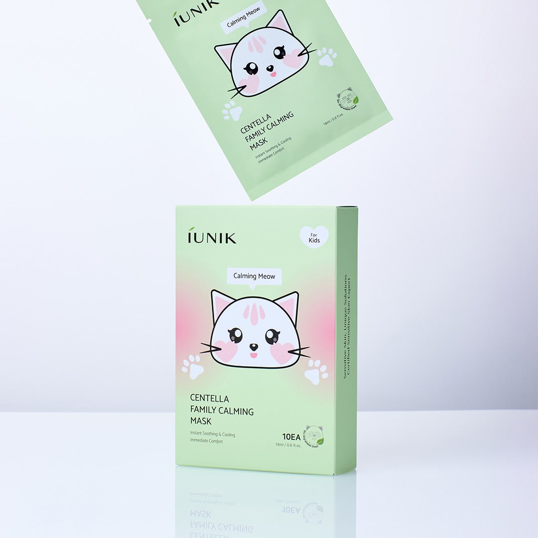 IUNIK Centella Family Calming Mask for Kids (10 sheets) : masques apaisants pour enfants, packaging vert avec chat, sur fond clair.